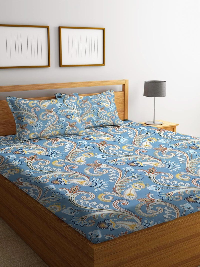 STARNSTYLE Premium 160 TC Egyptian Cotton Blend Floral Printed Double Bedsheet Set with 2 Pillow Covers - 228 x 228 cm Royal Sky - Image 1